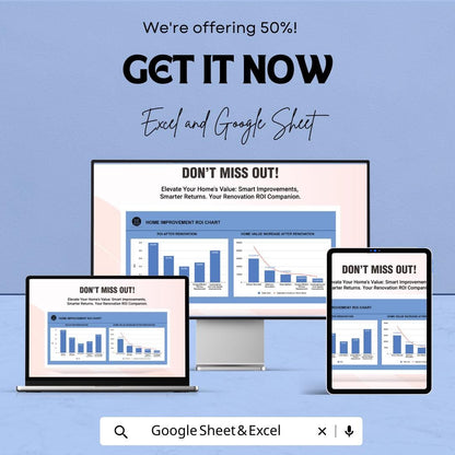 Home Improvement ROI Chart Sheet for Excel & Google Sheets - 50% Off - Track Your Renovation Returns