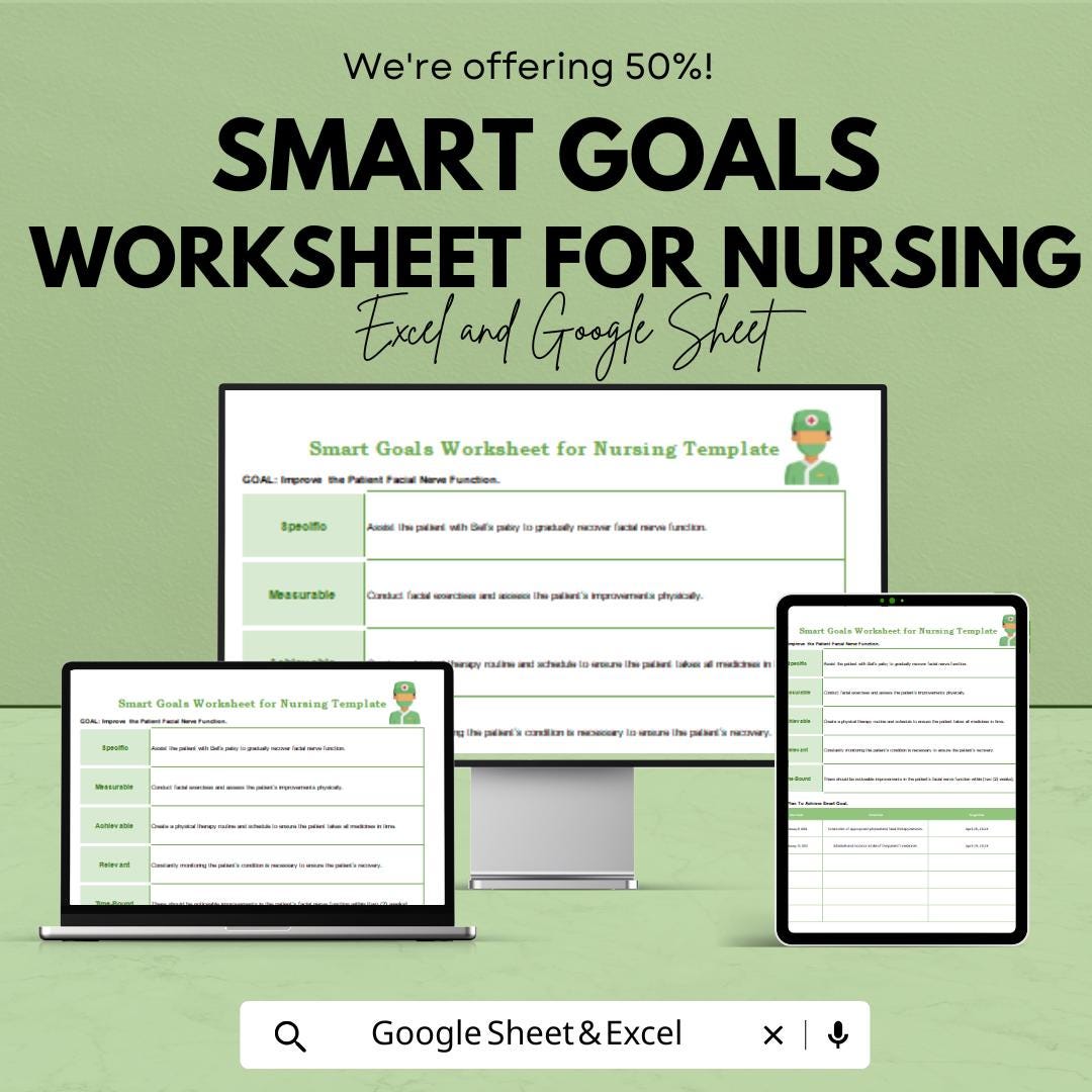 Smart Goals Worksheet for Nursing – Editable Google Sheet & Excel | Patient Care Planning Template | Nursing Goal Setting PDF