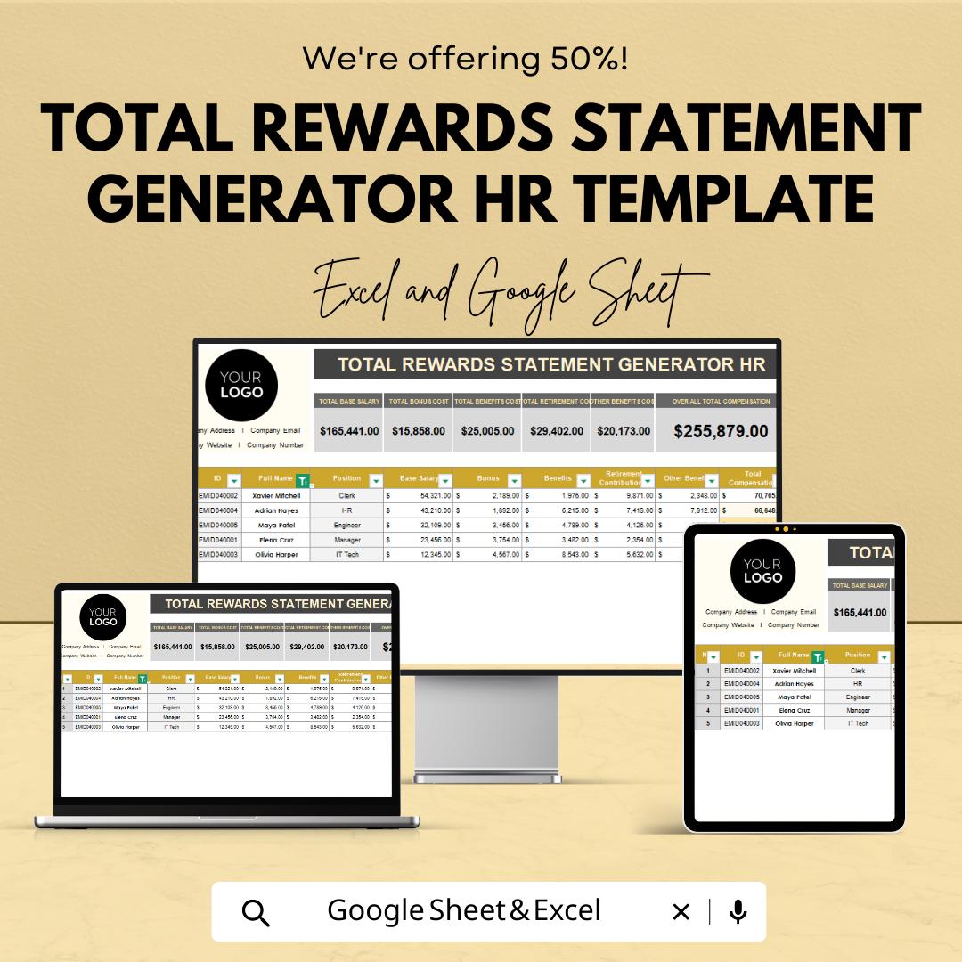 Total Rewards Statement Generator HR Template | Excel & Google Sheets | Employee Compensation Report | Salary Benefits Breakdown Tool