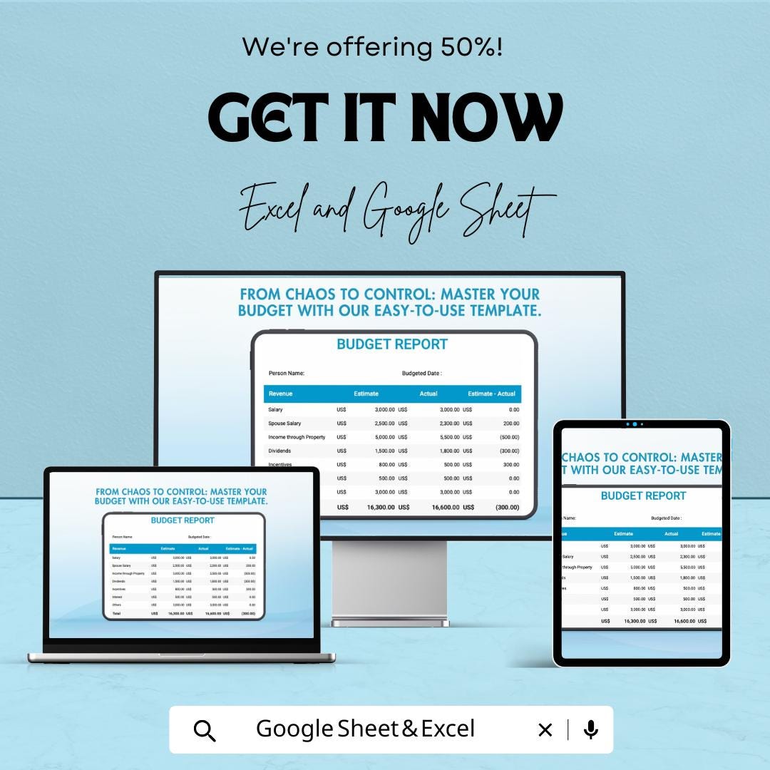 Budget Report Template | Excel & Google Sheets | Monthly Financial Tracker | Income Expense Report | Editable Budget Spreadsheet