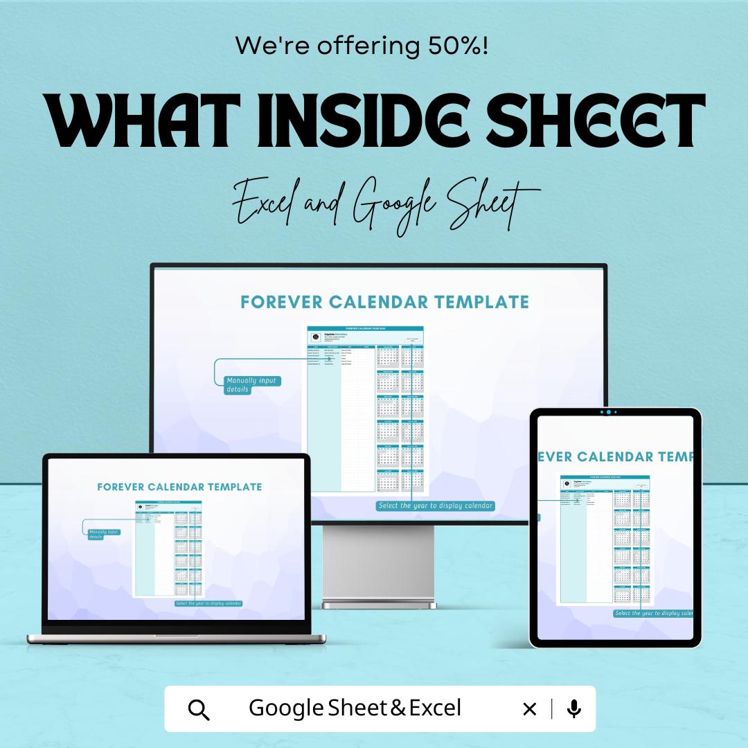 Forever Calendar Template - Excel & Google Sheets - Perpetual Calendar for Yearly Use