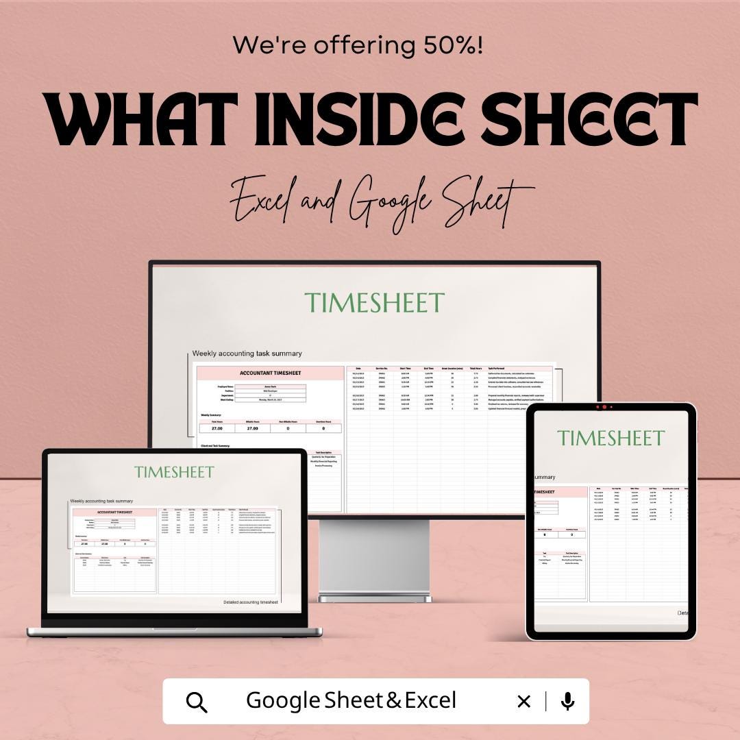 Accountant Timesheet Template Excel Google Sheets | Employee Time Tracker | Payroll Spreadsheet | Weekly Billing Sheet