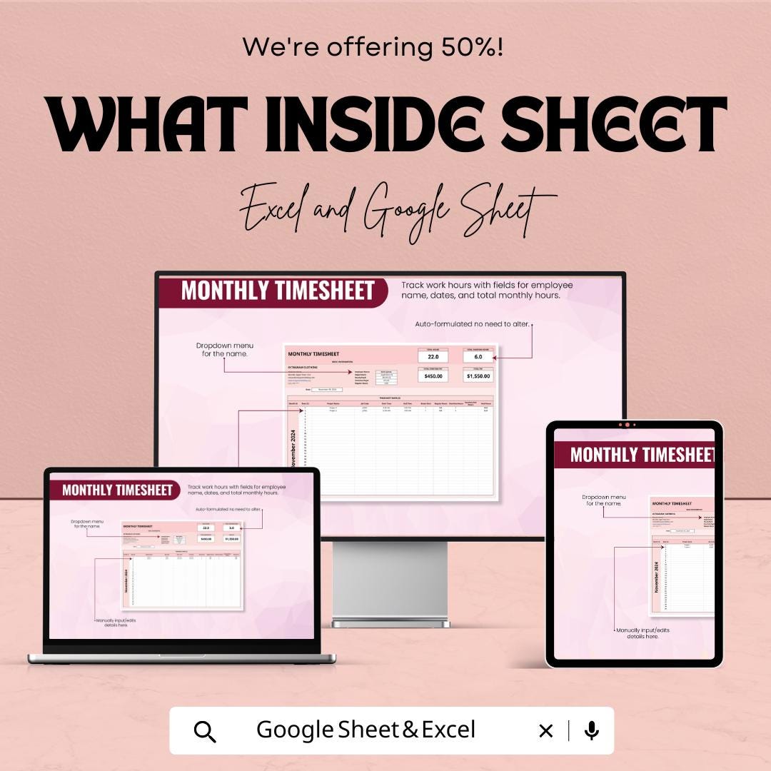 Monthly Timesheet Template - Excel and Google Sheets - Track Employee Hours & Payroll - Customizable Work Hours Sheet for Business