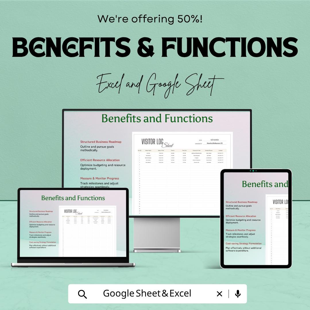 Visitor Log Sheet Template | Excel Visitor Sign In Sheet | Google Sheets Visitor Tracker | Reception Log Book | Office Visitor Register |