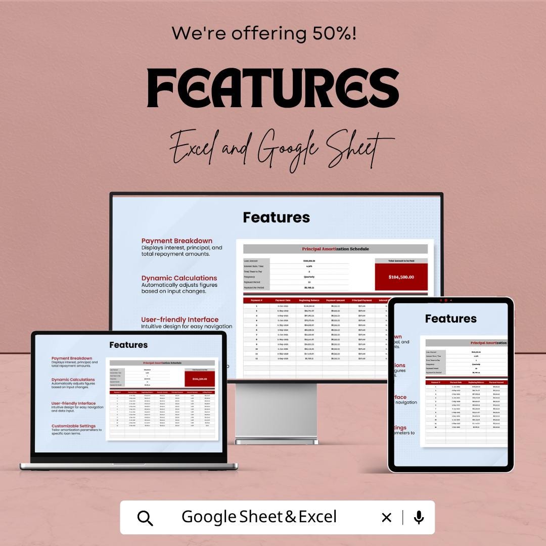 Principal Amortization Schedule Template | Loan Payment Calculator | Mortgage Amortization Spreadsheet | Loan Repayment Tracker