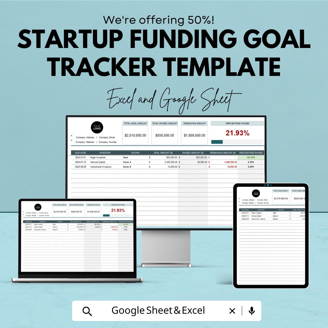 Startup Funding Goal Tracker Template | Fundraising Progress Tracker Spreadsheet | Excel & Google Sheets