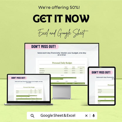 Personal Daily Budget Template - Excel & Google Sheets - Daily Expense Tracker - Financial Planner - Budgeting Tool