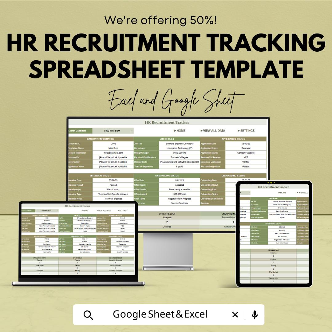 HR Recruitment Tracking Spreadsheet Template, Applicant Tracking Sheet, Hiring Tracker, Candidate Management Tool, Excel Google Sheets