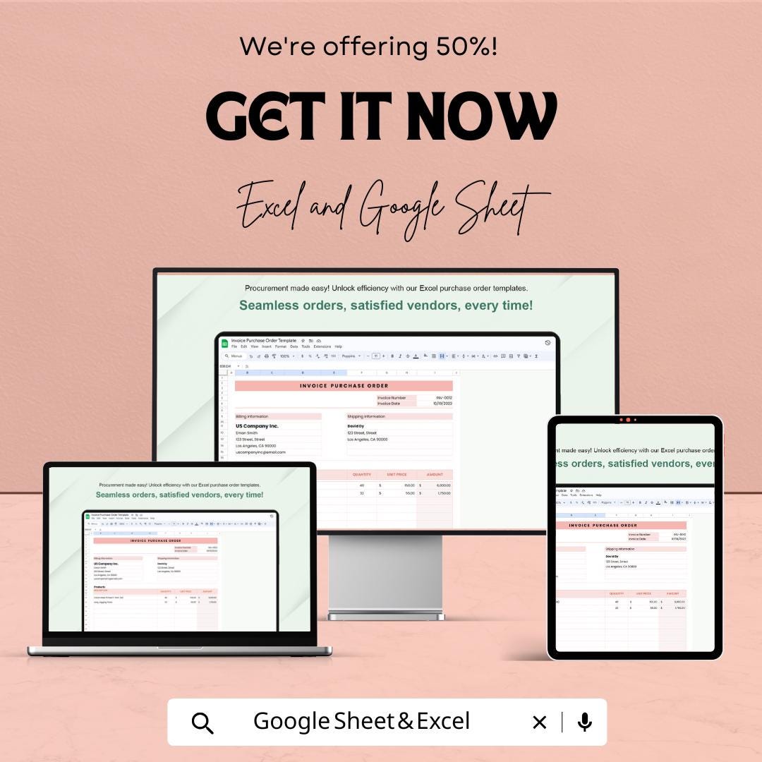 Invoice Purchase Order Template | Purchase Order Form | Business Procurement Spreadsheet | Excel & Google Sheets | Vendor Billing Template