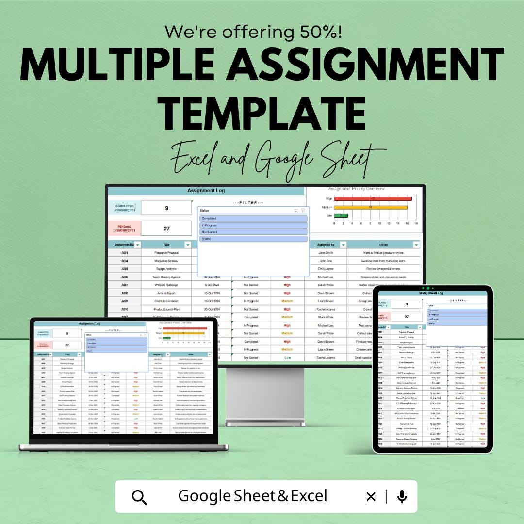 Multiple Assignment Template | Assignment Tracker Spreadsheet | Student Homework Planner | Excel & Google Sheets | Study Organizer Sheet