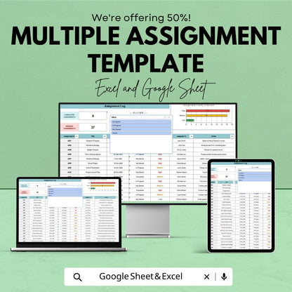 Multiple Assignment Template | Assignment Tracker Spreadsheet | Student Homework Planner | Excel & Google Sheets | Study Organizer Sheet