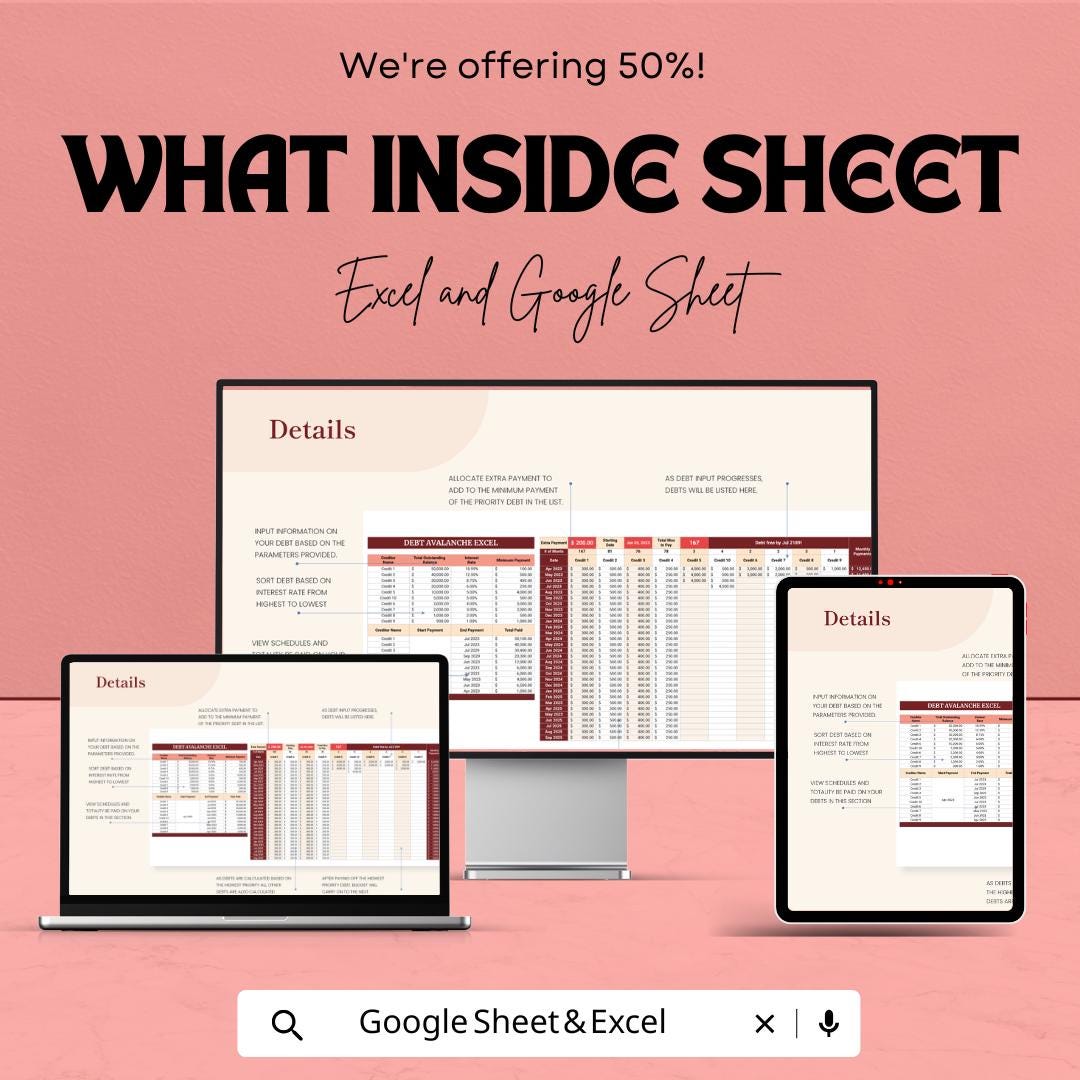 Debt Avalanche Excel Template Sheet | Financial Planning | Budgeting Tool | Debt Repayment Tracker | Google Sheets & Excel Compatible