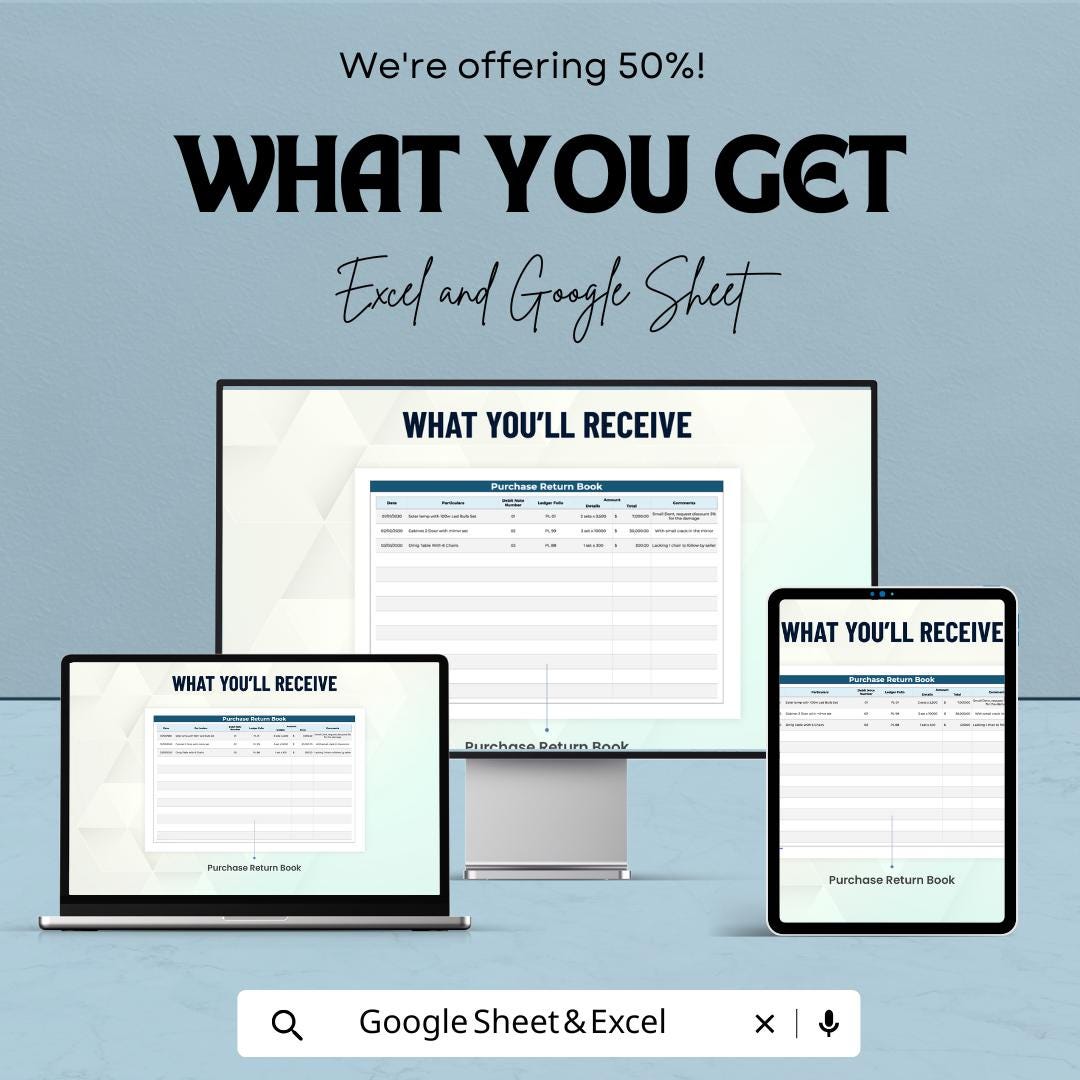 Purchase Return Book Template | Business Return Tracker | Supplier Return Record | Purchase Return Register
