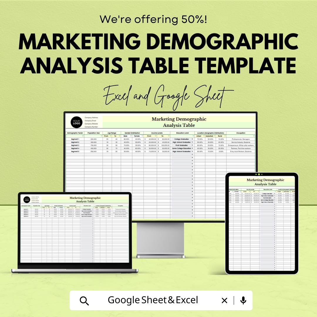 Marketing Demographic Analysis Table Template | Excel and Google Sheets | Customer Segmentation & Market Research Spreadsheet