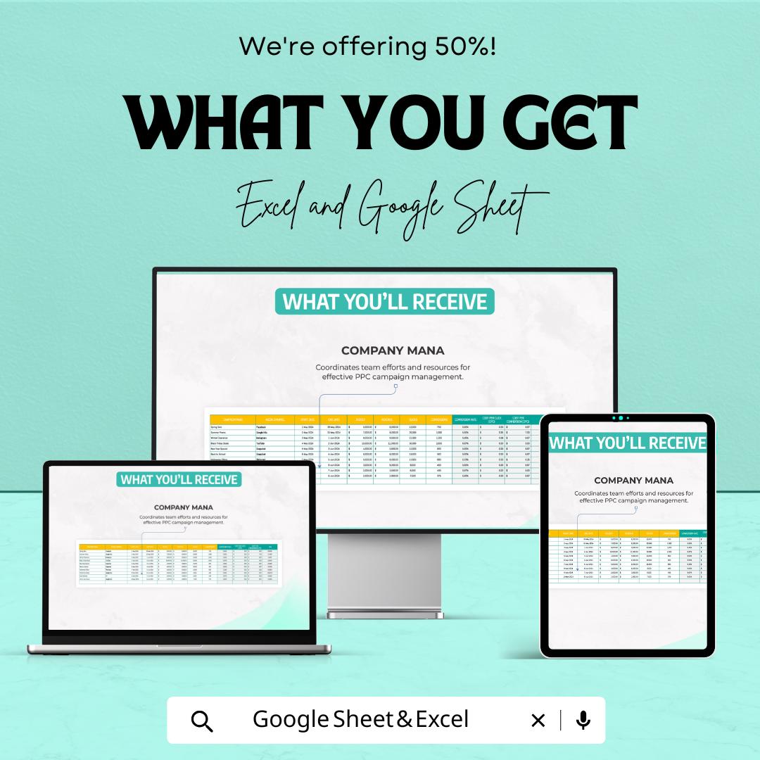 PPC ROI Analysis Sheet | Advertising Campaign Tracker | Google Sheets & Excel | Conversion Rate Report | ROI Dashboard