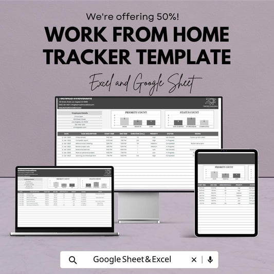 Work From Home Tracker Template | Productivity & Time Tracking Spreadsheet | Task Manager Template
