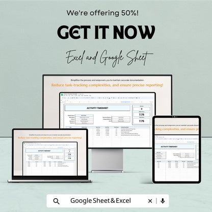 Activity Timesheet Template - Google Sheets, Track Work Hours, Employee Timesheet, Digital Download, Work Log, Printable Timesheet,
