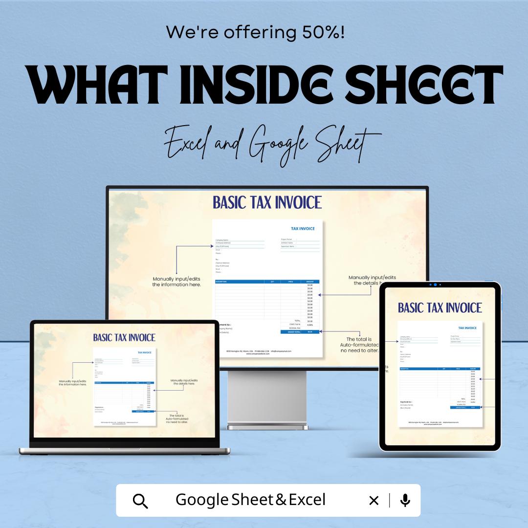 Basic Tax Invoice Template - Excel & Google Sheet, Customizable, Professional Tax Billing, Easy to Use