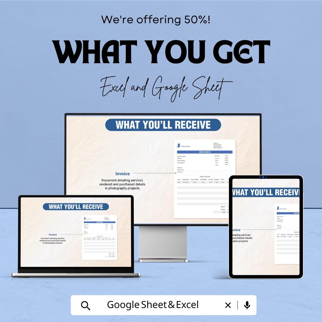 Simple Photography Invoice Template - Excel & Google Sheets, Professional Photography Billing, Customizable Invoice Sheet