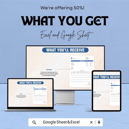 Simple Photography Invoice Template - Excel & Google Sheets, Professional Photography Billing, Customizable Invoice Sheet