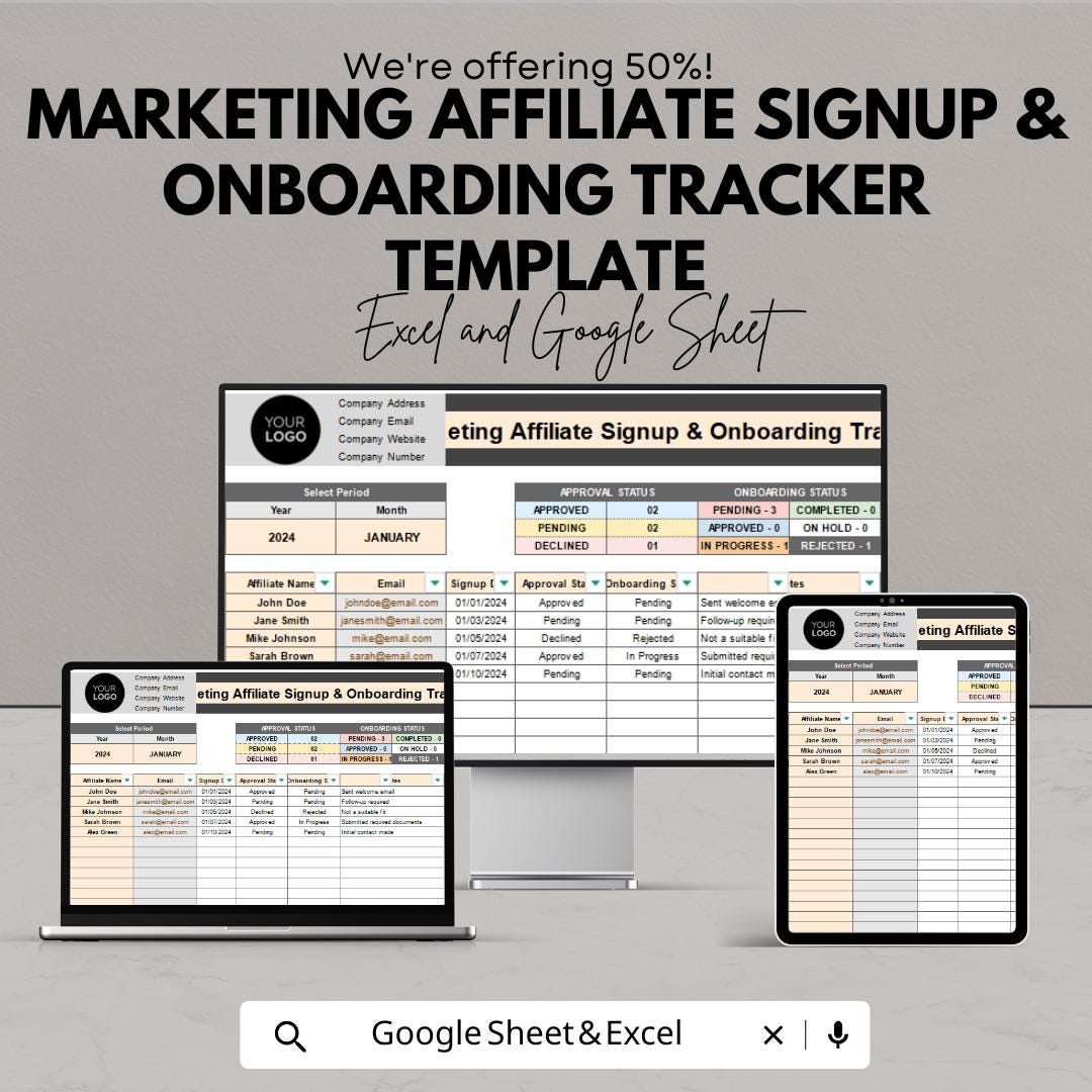 Marketing Affiliate Signup & Onboarding Tracker Template | Affiliate Program Management | Partner Tracking sheet | Business CRM Template