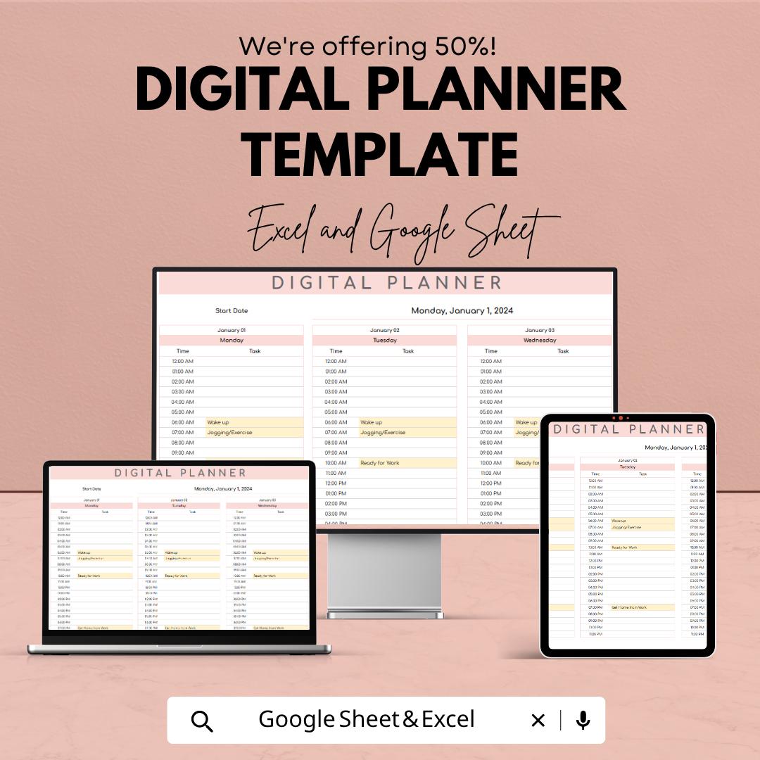 Digital Planner Template | Daily Planner Excel | Google Sheets Planner | Productivity Planner | Schedule Template | Editable Planner