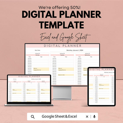Digital Planner Template | Daily Planner Excel | Google Sheets Planner | Productivity Planner | Schedule Template | Editable Planner