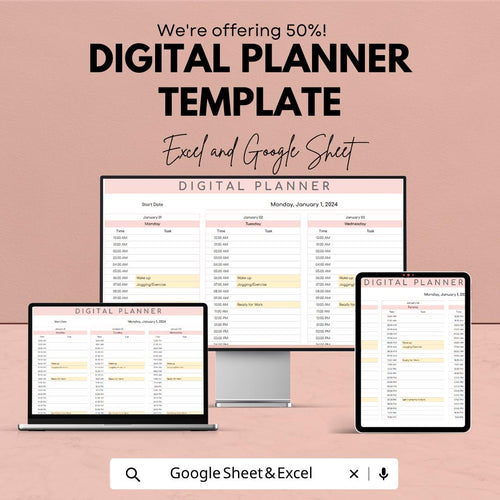 Digital Planner Template | Daily Planner Excel | Google Sheets Planner | Productivity Planner | Schedule Template | Editable Planner
