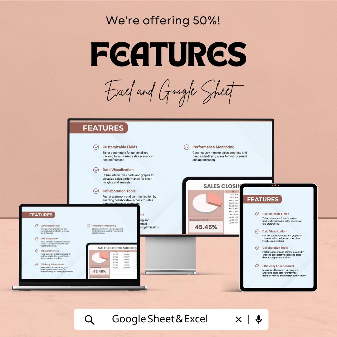 Sales Closing Success Rate Tracker Sheet - Excel & Google Sheets Template | Sales Performance Tracker | Close Rate Monitor for 2024