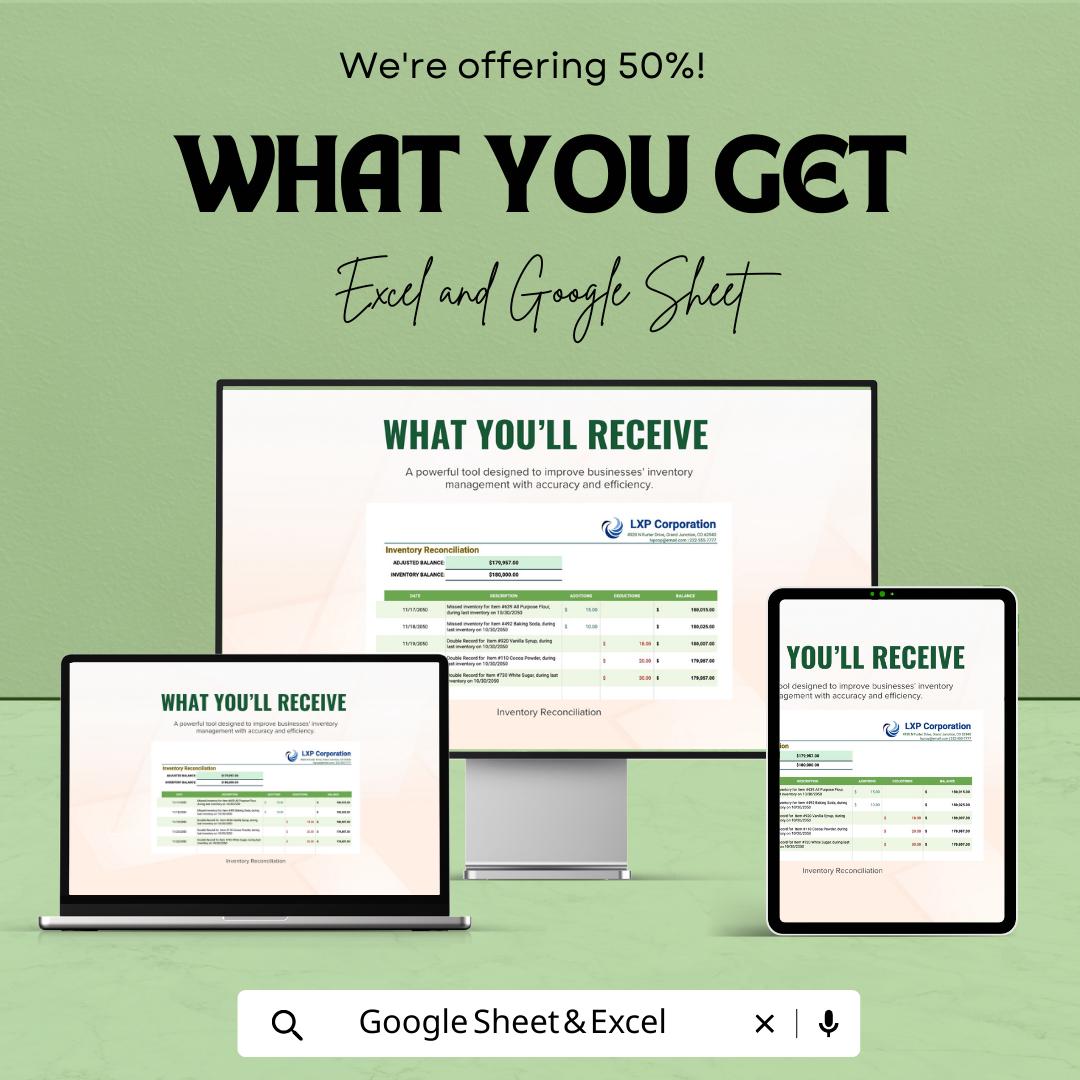 Inventory Reconciliation Template | Excel & Google Sheets Stock Reconciliation Spreadsheet | Inventory Audit Tracker | Stock Adjustment Log