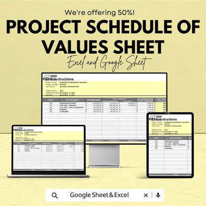 Project Schedule of Values Sheet | Excel & Google Sheets Template | Construction Project Cost Tracking