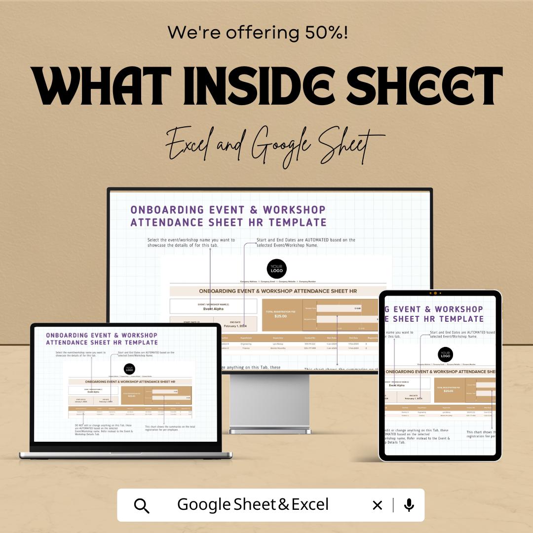 Onboarding Event & Workshop Attendance Sheet HR Template | Employee Training Attendance Tracker | Excel and Google Sheets