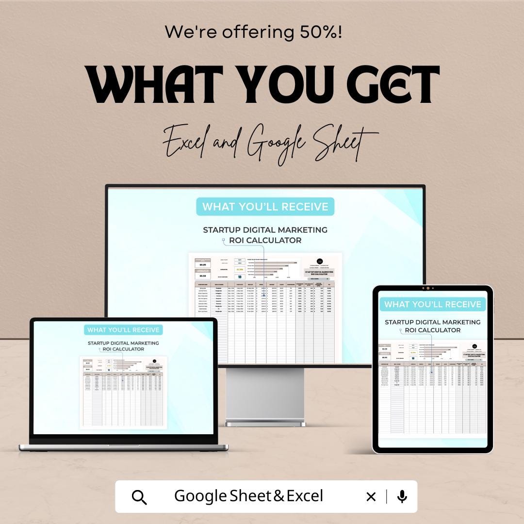 Startup Digital Marketing ROI Calculator Template | Excel & Google Sheets | Marketing ROI Tracker | Startup Ad Budget Calculator |