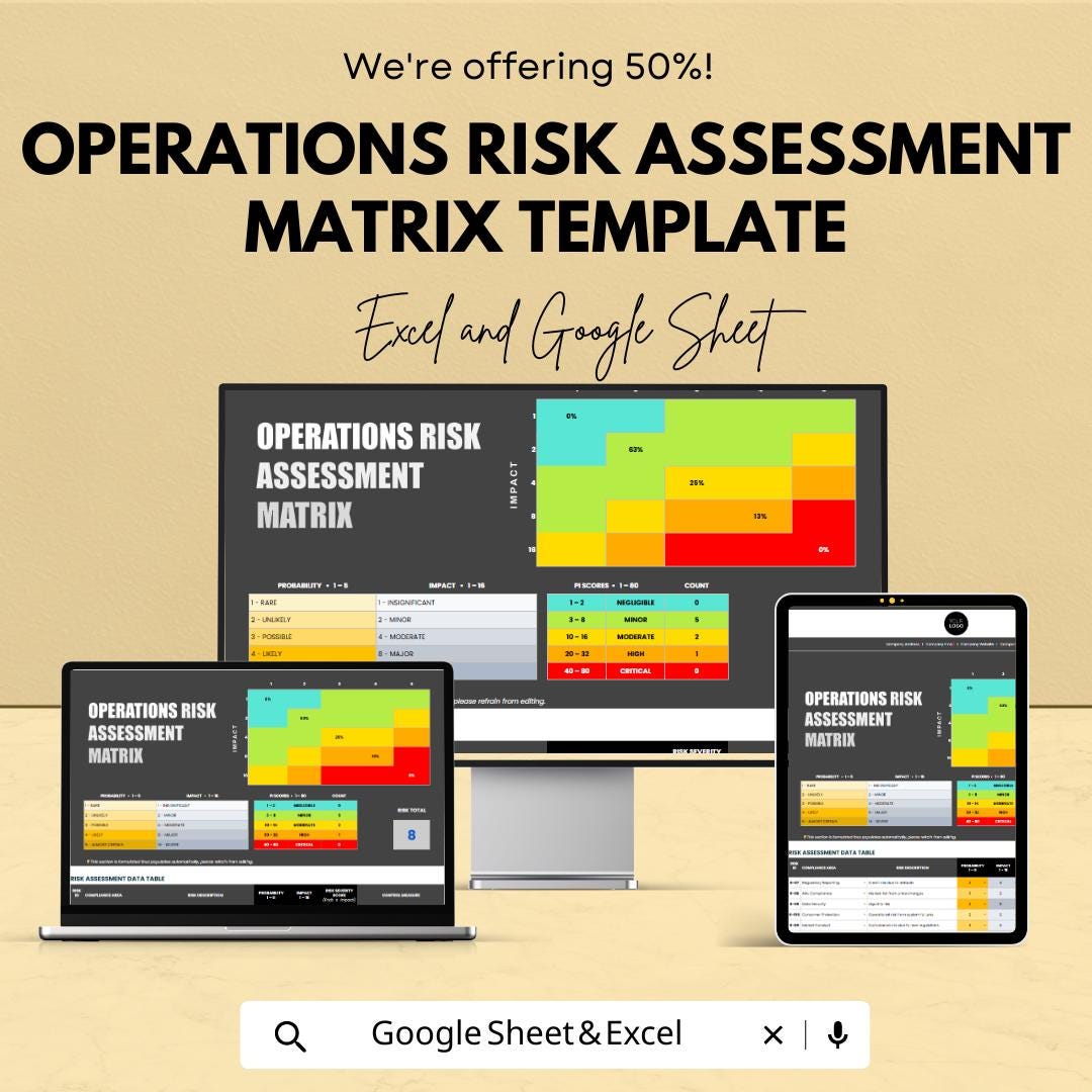 Operations Risk Assessment Matrix Template, Risk Management Spreadsheet, Risk Analysis Tool, Probability Impact Matrix