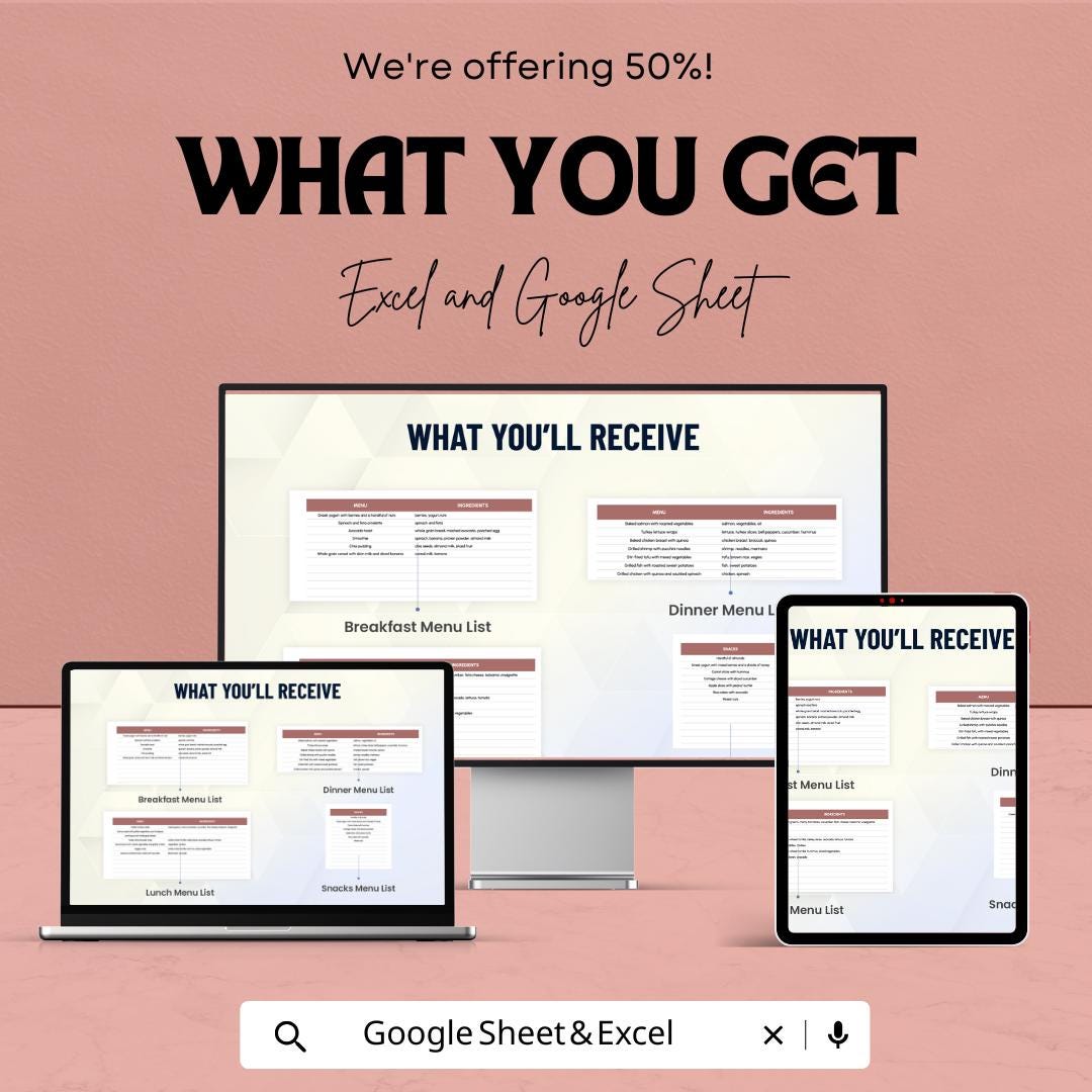 Editable Meal Plan Sheet | Easy Excel and Google Sheet Template for Weekly Meal Planning & Grocery List | Meal Prep Tracker