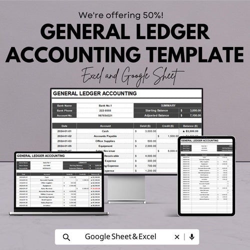 General Ledger Accounting Template | Excel & Google Sheets | Ledger Book Spreadsheet | Debit Credit Tracker | Bookkeeping Template