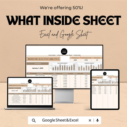 Marketing Blog Post Analytics Sheet | Excel & Google Sheet | Blog Content Tracker | Engagement Report | SEO Performance Dashboard