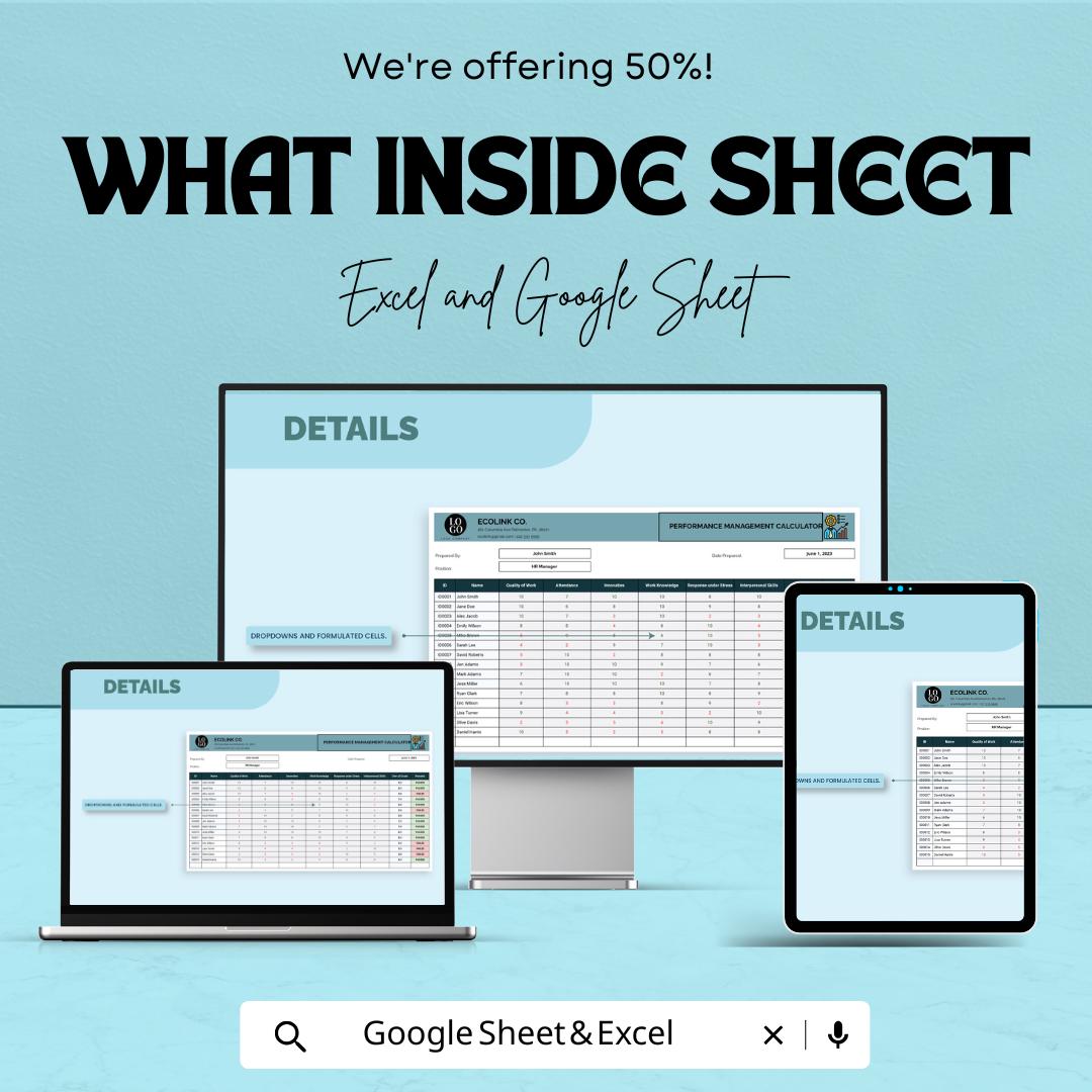 Performance Management Calculator Sheet | Excel & Google Sheet | Employee Evaluation Template | Performance Metrics Tracker | HR Template