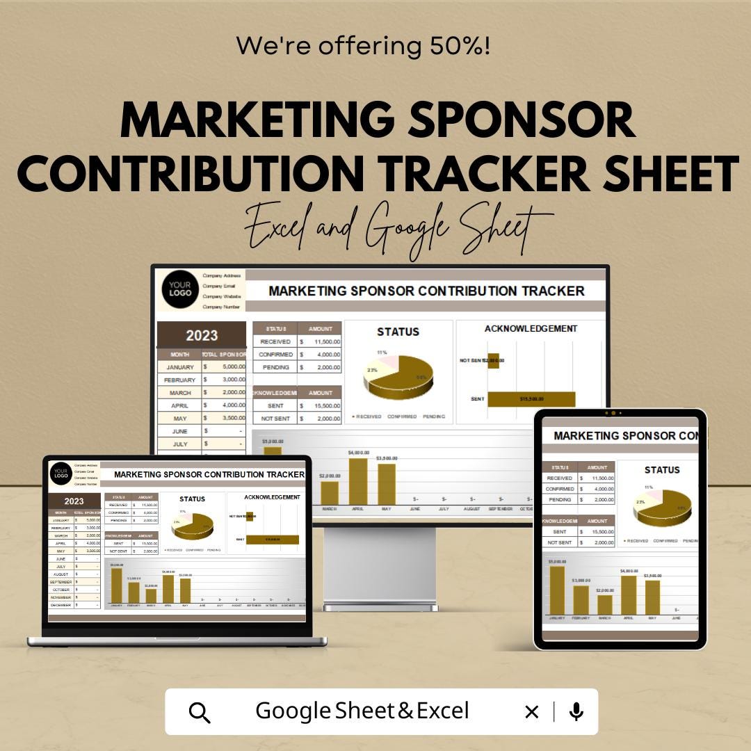 Marketing Sponsor Contribution Tracker | Event Sponsorship Log | Excel and Google Sheets for Fundraising, Donation & Acknowledgement Tracker