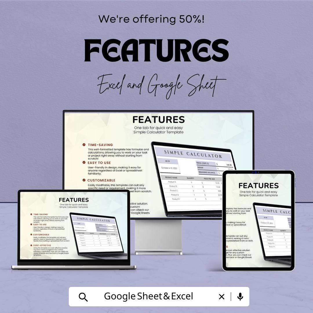 Simple Calculator Sheet | Google Sheets  | Budgeting & Cost Calculation Tool | Easy-to-Use Expense Tracker | Customizable Spreadsheet
