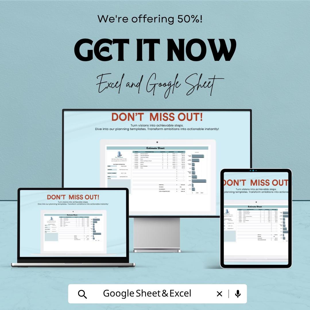 Estimate Sheet Template Excel | Cost Estimate Spreadsheet | Project Budget Planner | Contractor Estimate Template | Google Sheets Estimate