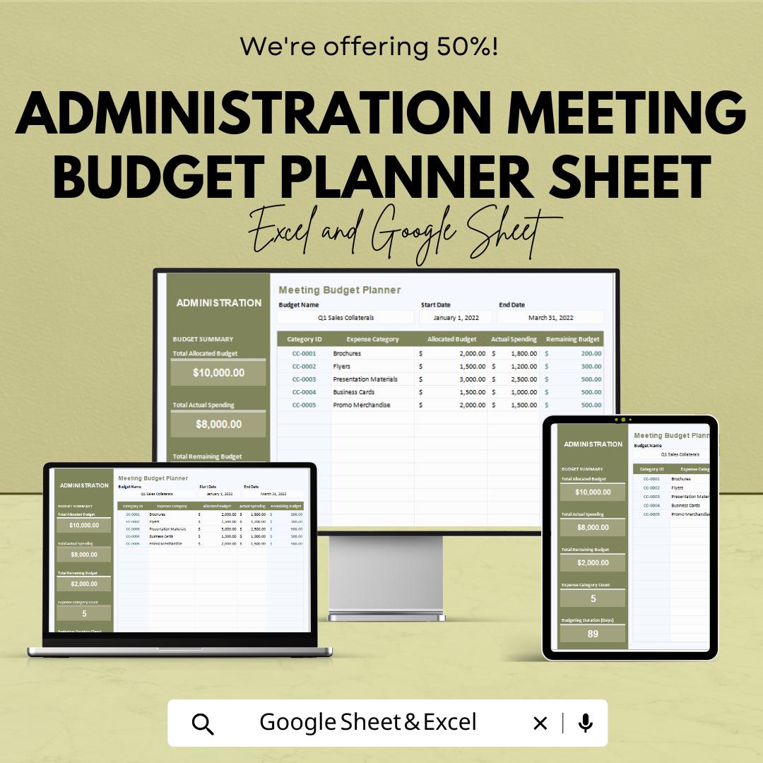 50% OFF - Administration Meeting Budget Planner Sheet - Excel & Google Sheets | Plan, Track, and Manage Meeting Budgets | Budget Forecasting