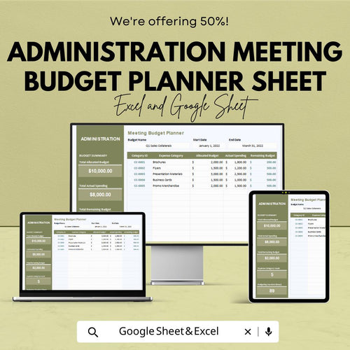50% OFF - Administration Meeting Budget Planner Sheet - Excel & Google Sheets | Plan, Track, and Manage Meeting Budgets | Budget Forecasting