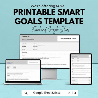 Printable SMART Goals Template | Goal Setting Worksheet | Goal Planner Spreadsheet | Productivity Planner