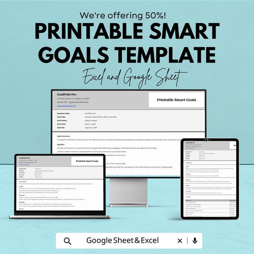 Printable SMART Goals Template | Goal Setting Worksheet | Goal Planner Spreadsheet | Productivity Planner