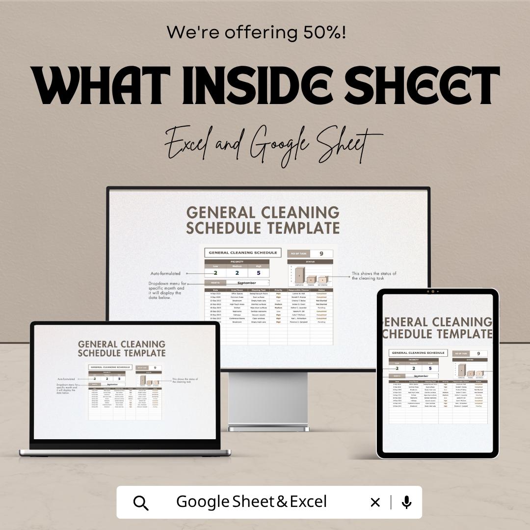General Cleaning Schedule Template | Cleaning Checklist Spreadsheet | Home Cleaning Planner | Cleaning Log Tracker