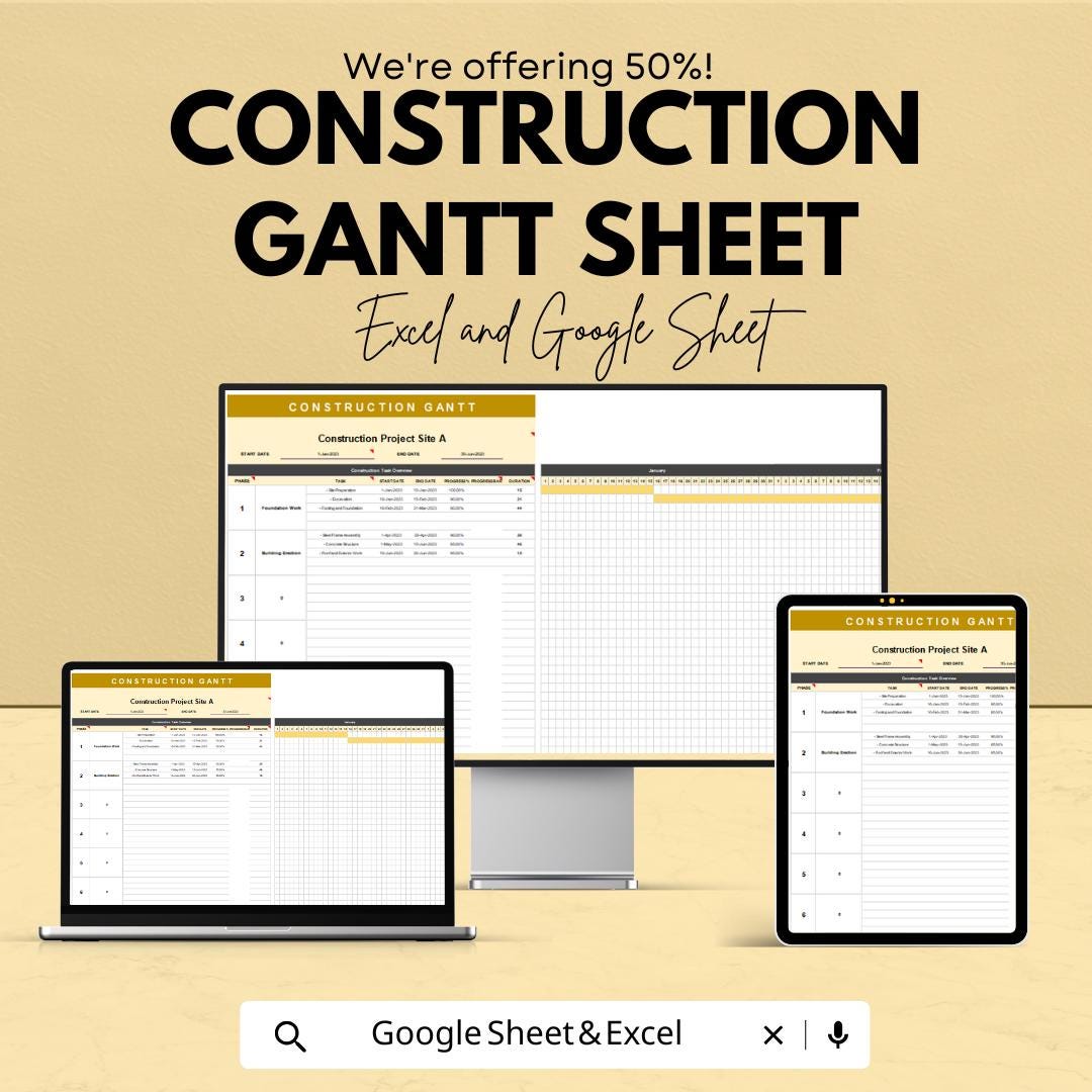 Construction Gantt Chart Sheet | Project Management Excel & Google Sheet | Task Scheduling, Timeline Visualization, Builder Schedule