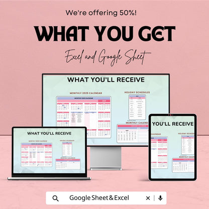 2025 Monthly Calendar Template for Excel & Google Sheets | Instant Download | Yearly Planner | Printable 2025 Calendar | 50% Off