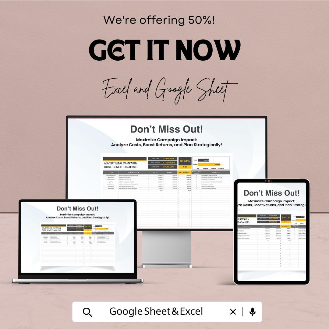 Advertising Campaign Cost-Benefit Analysis Sheet Template | Excel & Google Sheets ROI Calculator | Marketing Budget Spreadsheet