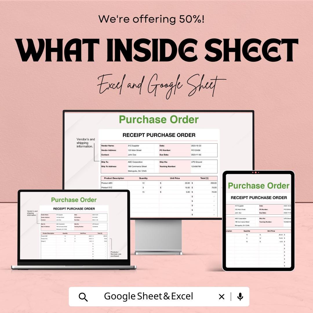 Receipt Purchase Order Sheet | Excel & Google Sheets Template | Order Management for Businesses | Purchase Order Tracking Tool